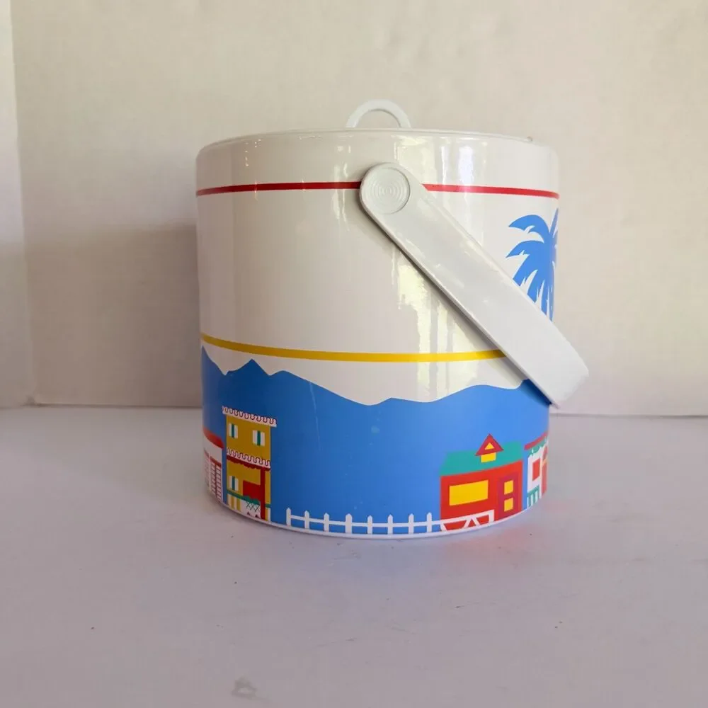 VTG 80s 90s Ice Bucket, Summer Tropical Vacation Palm Trees Houses